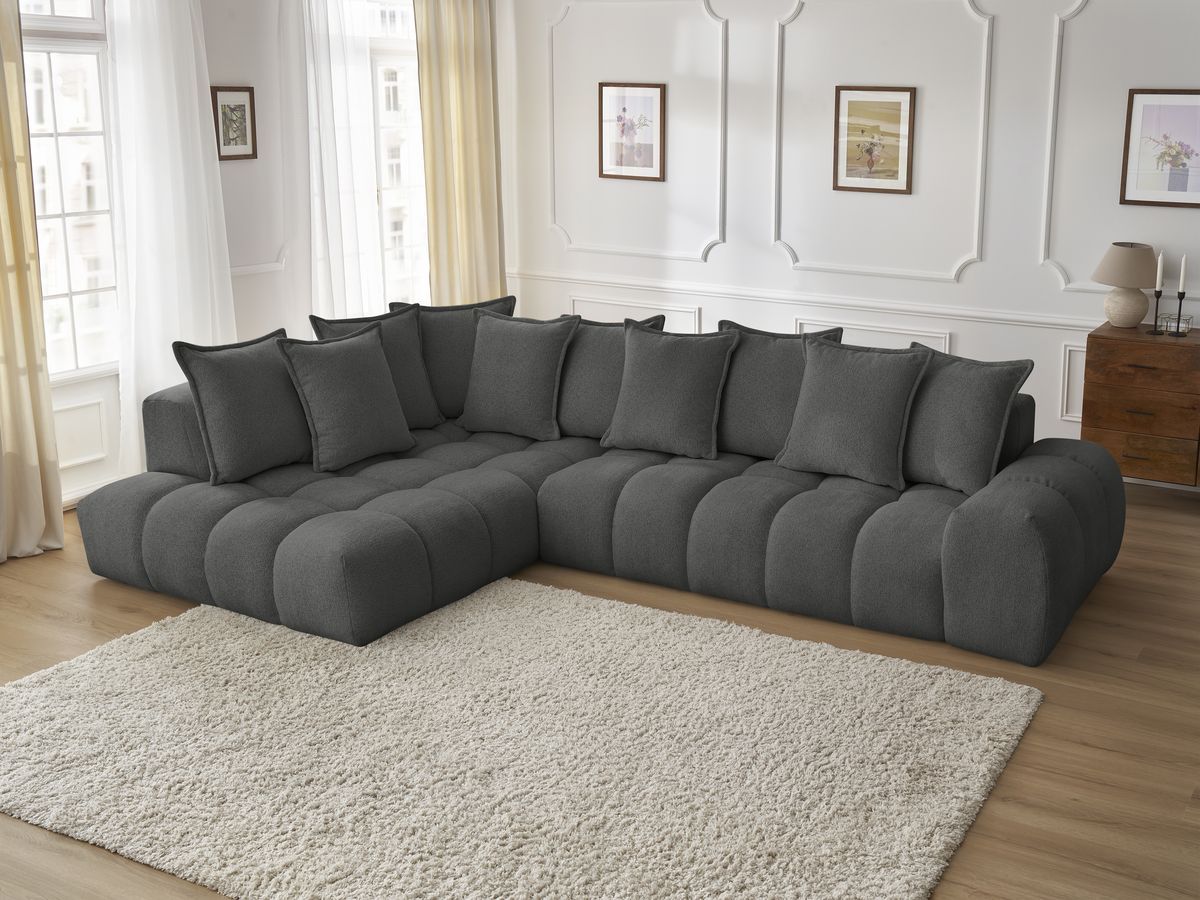 Bobochic Everest Ecksofa, 10 Kissen Melange-Stoff Dunkelgrau Ecke links