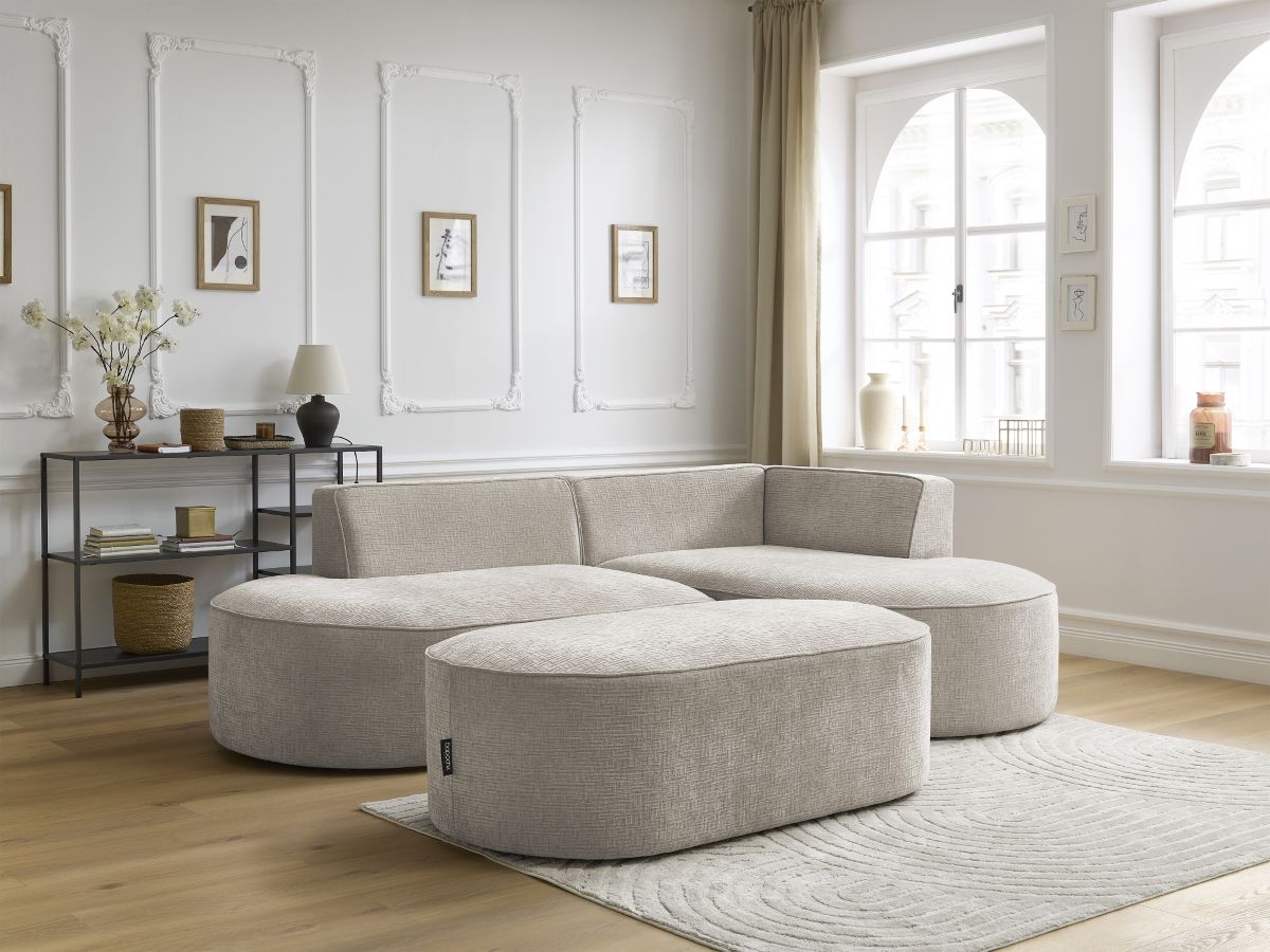 Bobochic Rousseau Ecksofa mit Pouf Strukturstoff Beige Ecke rechts