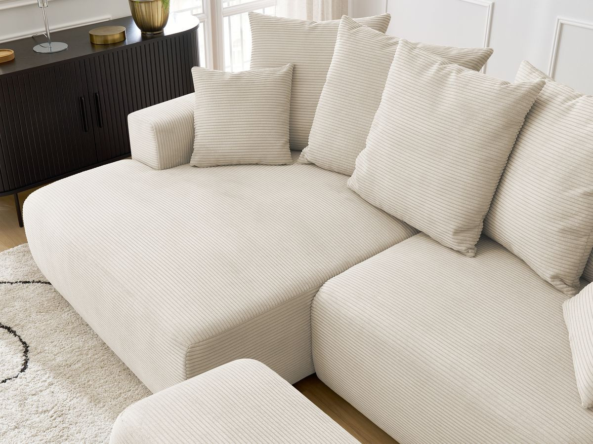 Bobochic Atilla Ecksofa mit Schlaffunktion und Bettkasten und Pouf Cordsamt Beige Ecke links