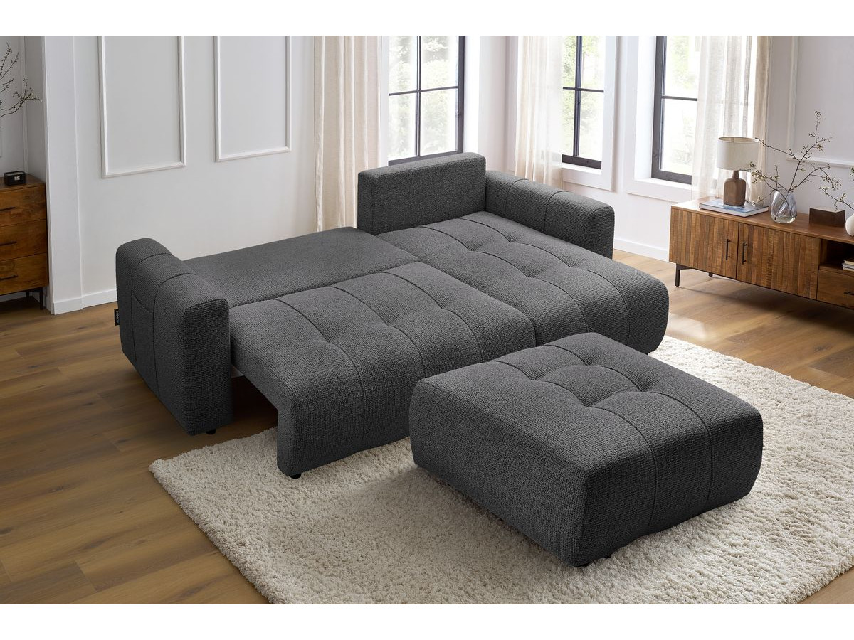 Bobochic Arsene Ecksofa mit Schlaffunktion und Bettkasten und Pouf 288 × 148 cm Melange-Stoff Dunkelgrau