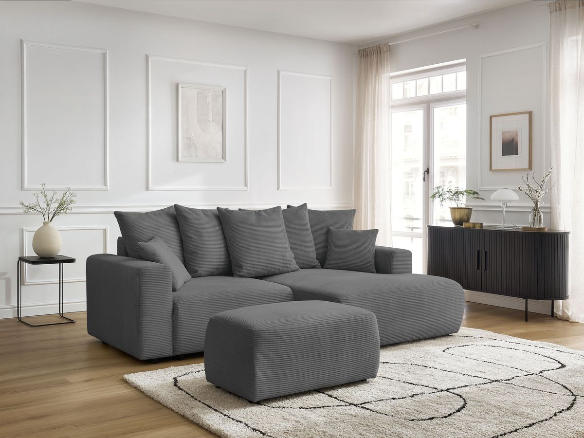 Bobochic Atilla Ecksofa mit Schlaffunktion und Bettkasten und Pouf Cordsamt Dunkelgrau Ecke rechts