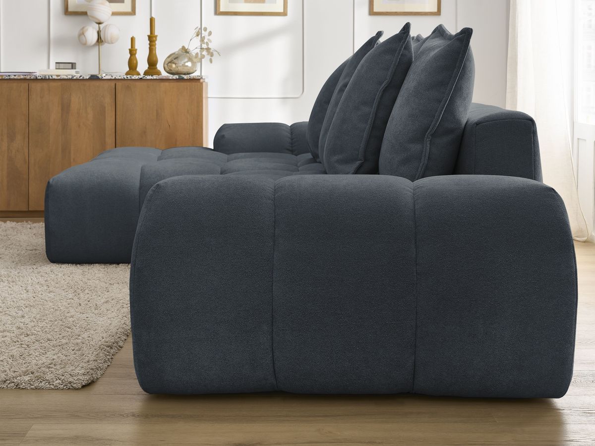 Bobochic Everest Ecksofa mit Schlaffunktion und Bettkasten 318 × 180 cm, 7 Kissen Strukturstoff Dunkelblau Ecke links