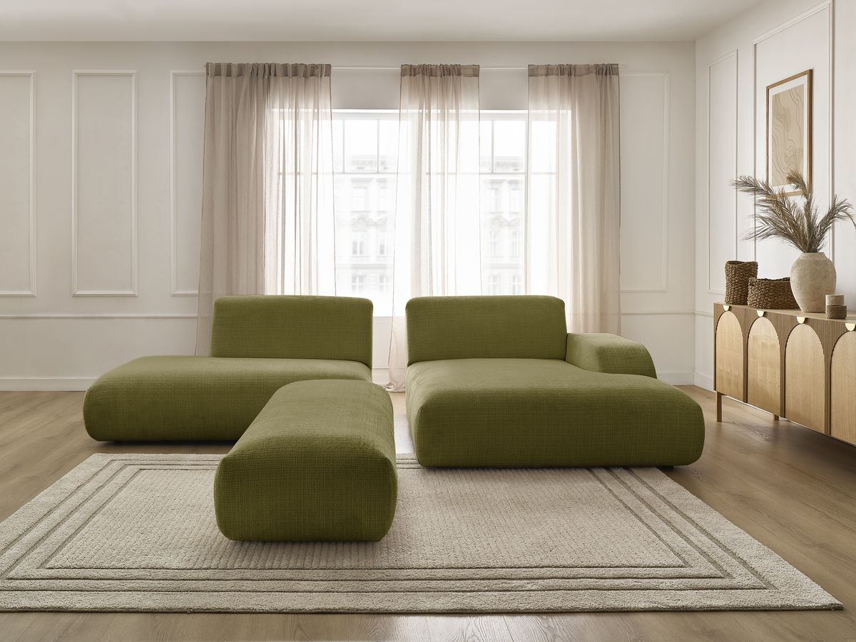 Bobochic Sirius Ecksofa mit Pouf 300 × 170 cm Strukturstoff Grün Ecke rechts