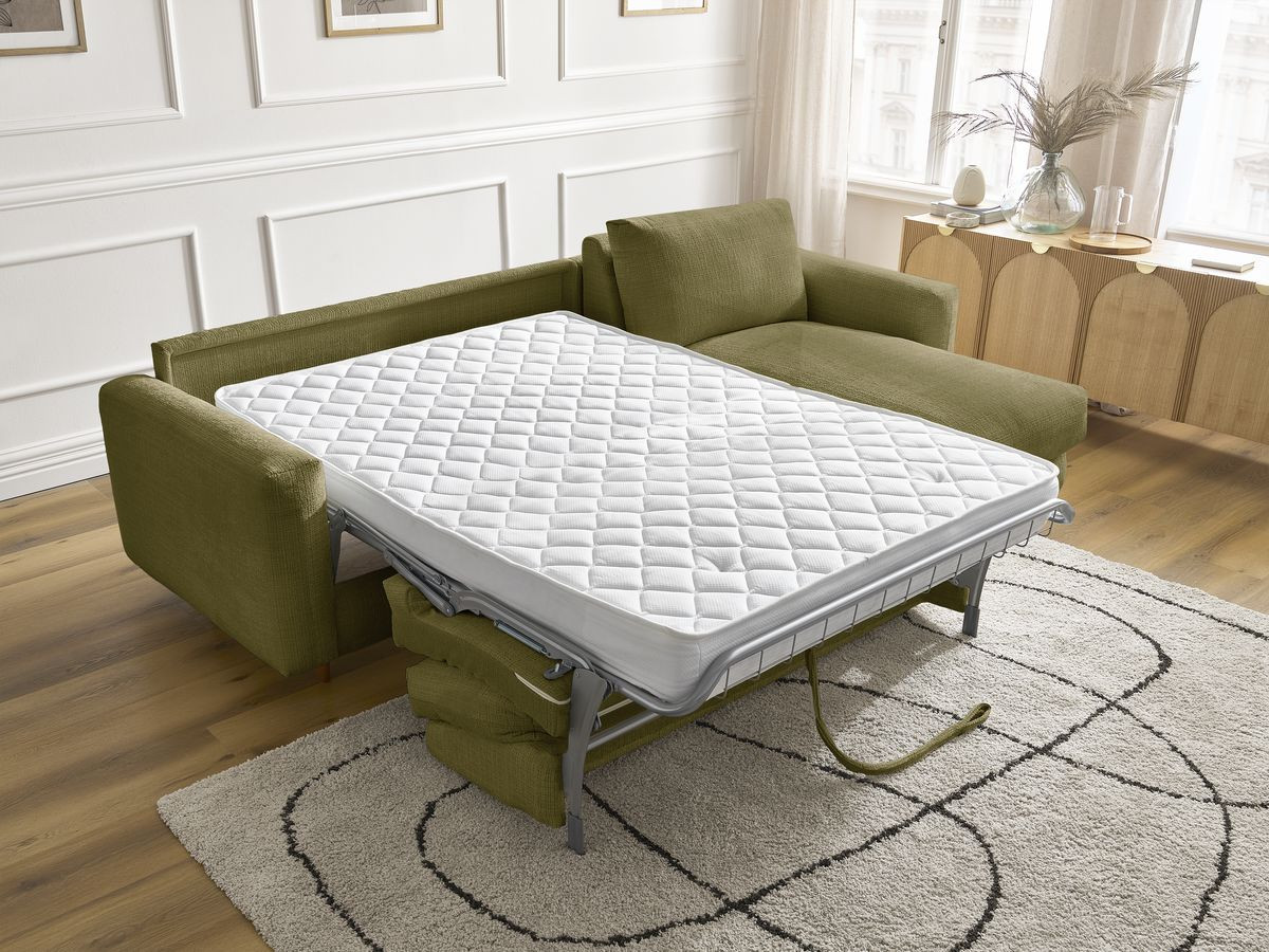 Bobochic Cocoone Ecksofa mit Schlaffunktion und Bettkasten Strukturstoff Grün, Liegefläche 140 × 200 cm