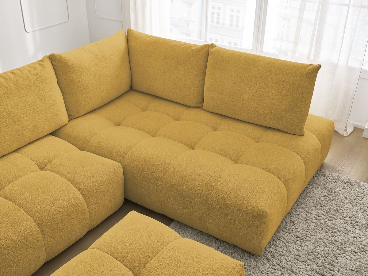 Bobochic Everest Ecksofa mit Schlaffunktion und Bettkasten und Pouf 320 × 212 cm, 5 Kissen Melange-Stoff Gelb Ecke rechts