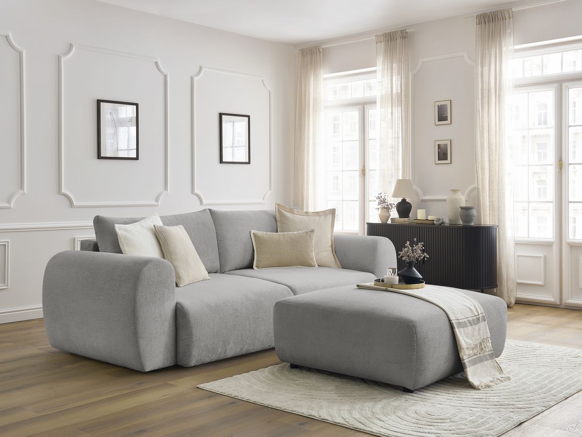 Bobochic Lucien Schlafsofa 4-Sitzer mit Bettkasten und Pouf Stoff Hellgrau
