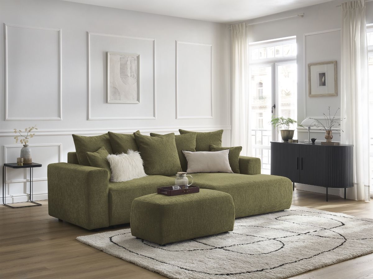 Bobochic Atilla Ecksofa mit Schlaffunktion und Bettkasten und Pouf Strukturstoff Grün Ecke rechts