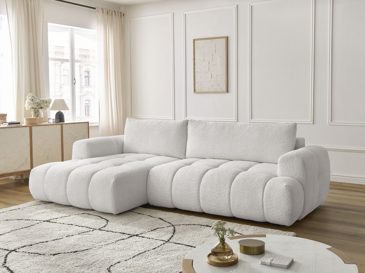 Bobochic Fuji Ecksofa mit Schlaffunktion und Bettkasten 292 × 160 cm Bouclé-Stoff Weiß Ecke links