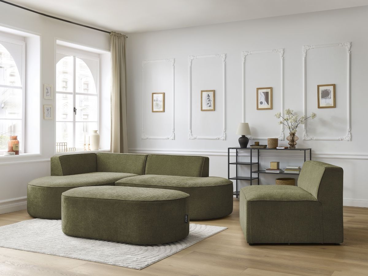 Bobochic Rousseau Ecksofa mit Sofamodul und Pouf Strukturstoff Grün Ecke links