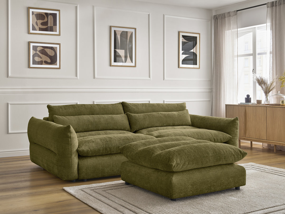 Bobochic Neil Sofa 3-Sitzer mit Pouf Strukturstoff Grün
