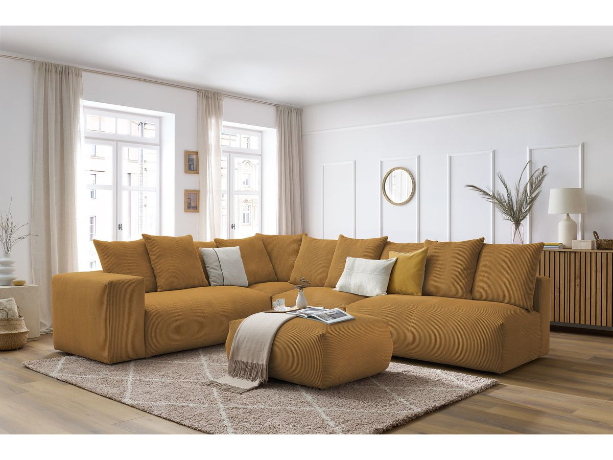 Bobochic Voltaire Ecksofa mit Pouf 322 × 268 cm Cordsamt Gelb Ecke links