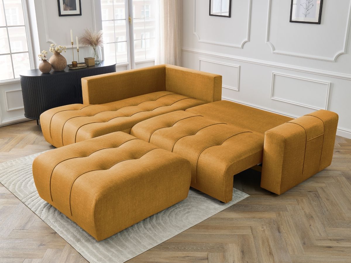 Bobochic Arsene Ecksofa mit Schlaffunktion und Bettkasten und Pouf 277 × 200 cm Samt Gelb Ecke links
