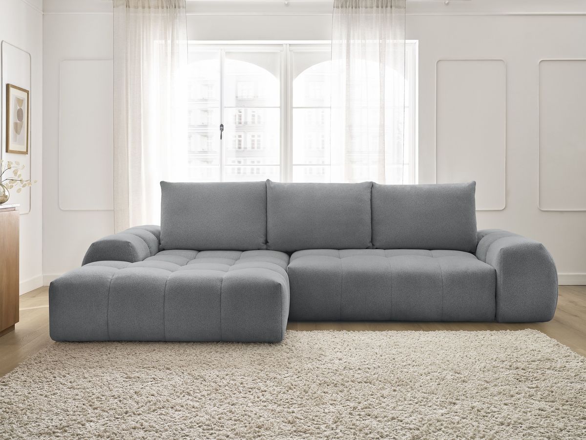 Bobochic Everest Ecksofa mit Schlaffunktion und Bettkasten 318 × 180 cm, 3 Kissen Melange-Stoff Dunkelgrau Ecke links