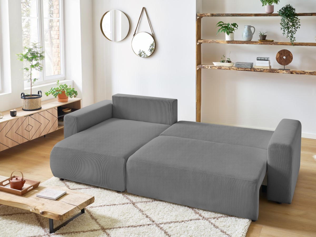 Bobochic Envy Ecksofa mit Schlaffunktion und Bettkasten Cordsamt Dunkelgrau