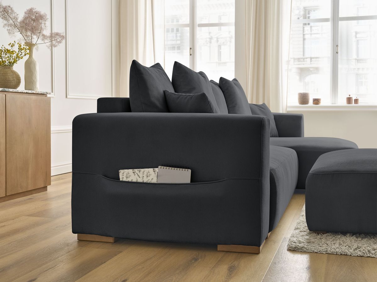 Bobochic Sidonie Ecksofa mit Schlaffunktion und Bettkasten und Pouf Cordsamt Schwarz