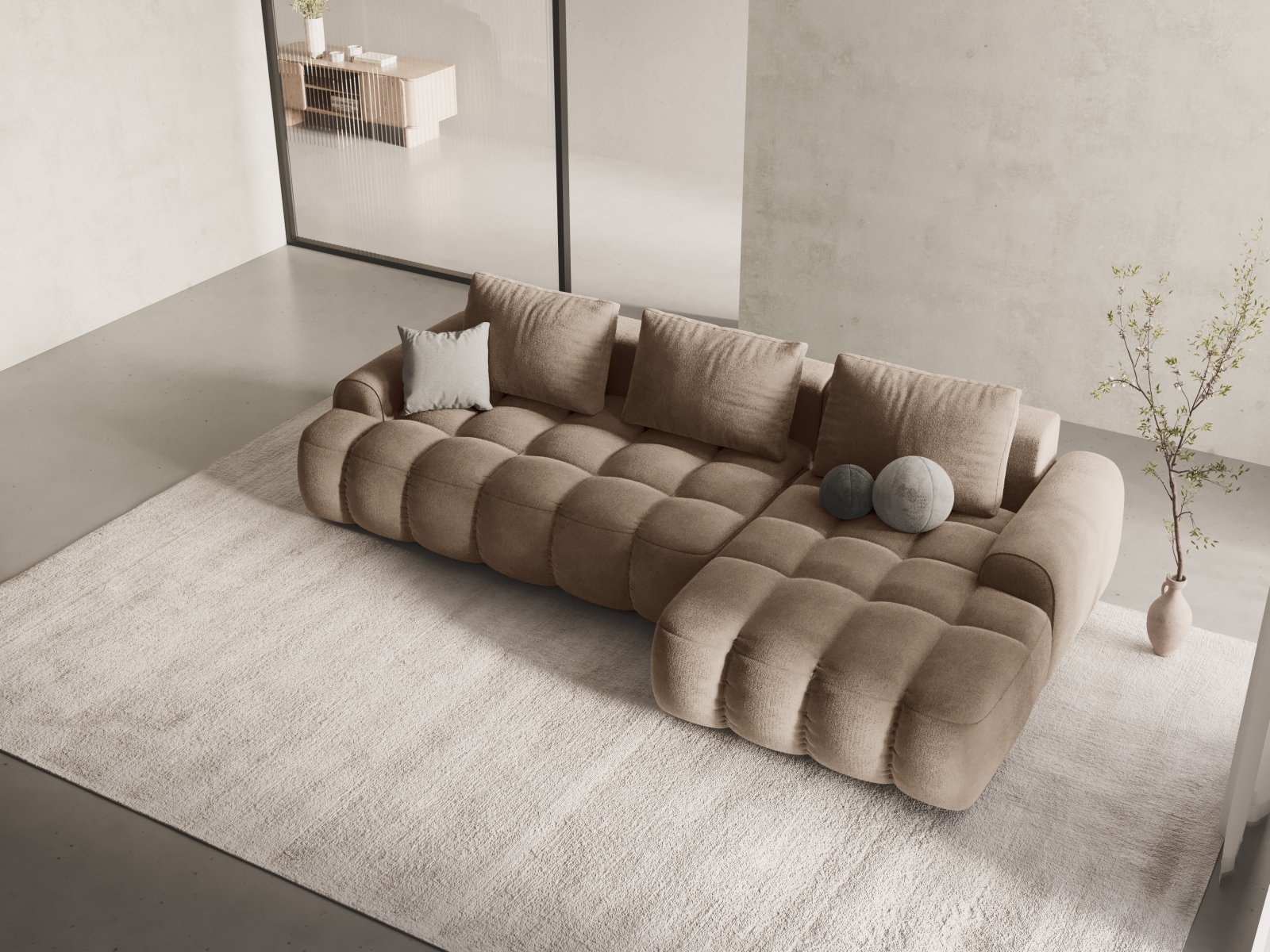 Cosmopolitan Design Ecksofa Linz 3-Sitzer mit Schlaffunktion Samt Vogue Dunkelbeige Rechts