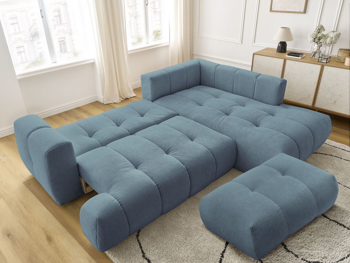 Bobochic Fuji Ecksofa mit Schlaffunktion und Bettkasten und Pouf 282 × 204 cm Stoff Hellblau Ecke rechts