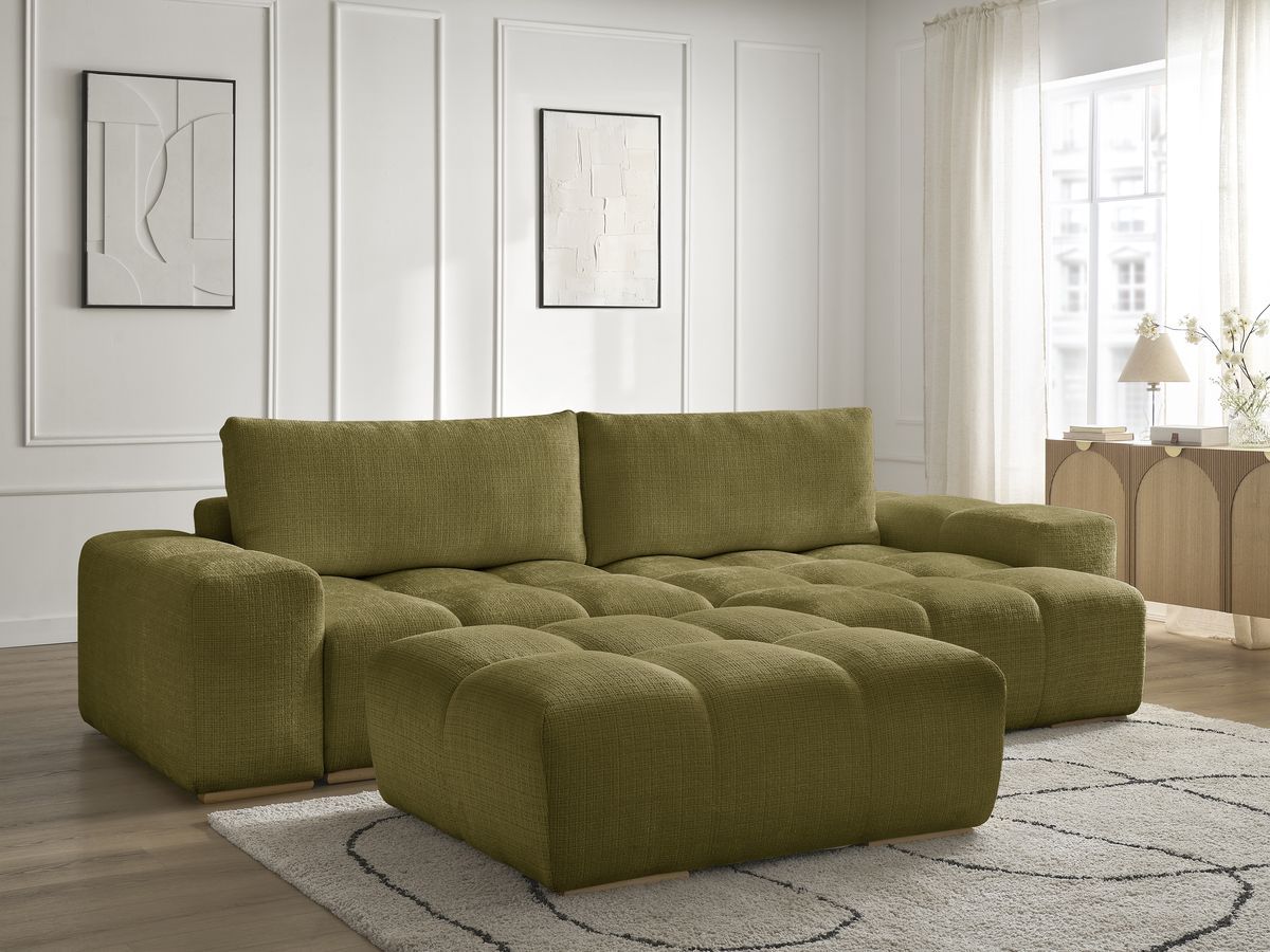 Bobochic Anakin Ecksofa mit Pouf, 2 Kissen Strukturstoff Grün