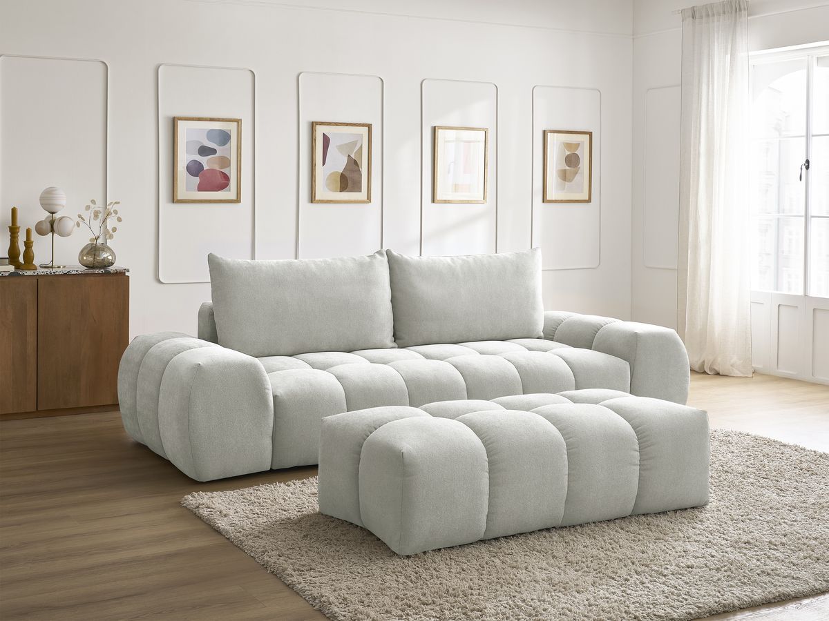 Bobochic Everest Sofa 3-Sitzer mit Pouf, 2 Kissen Strukturstoff Hellgrau