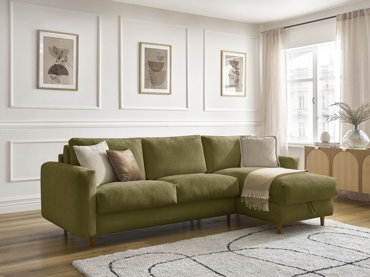 Bobochic Cocoone Ecksofa mit Schlaffunktion und Bettkasten Strukturstoff Grün, Liegefläche 140 × 200 cm