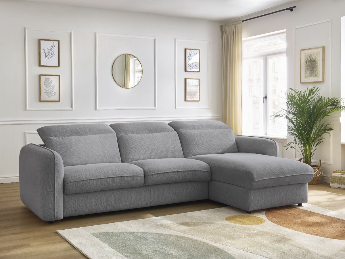Bobochic Achille Ecksofa mit Schlaffunktion und Bettkasten Melange-Stoff Hellgrau, Liegefläche 140 × 200 cm