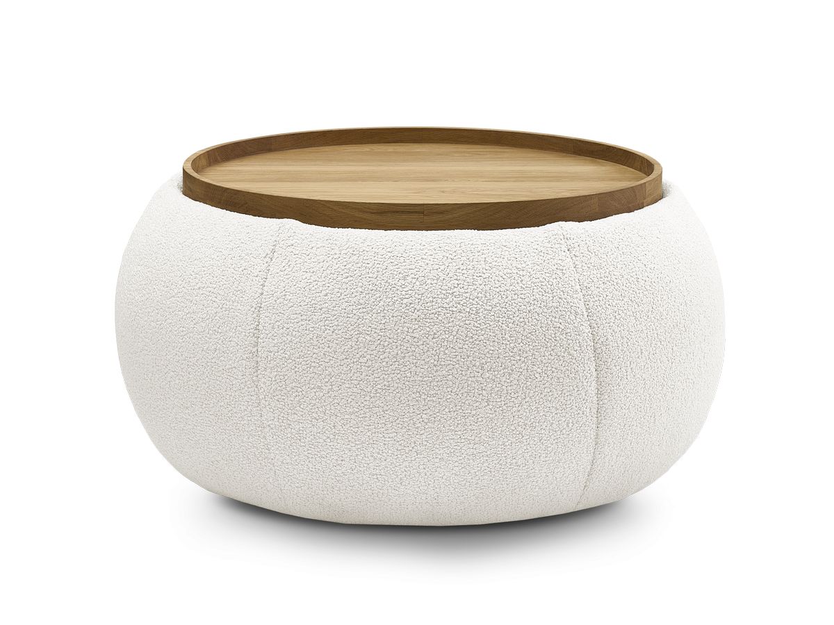 Bobochic Hayden Pouf mit Tablett, rund Bouclé-Stoff Weiß, 77 cm