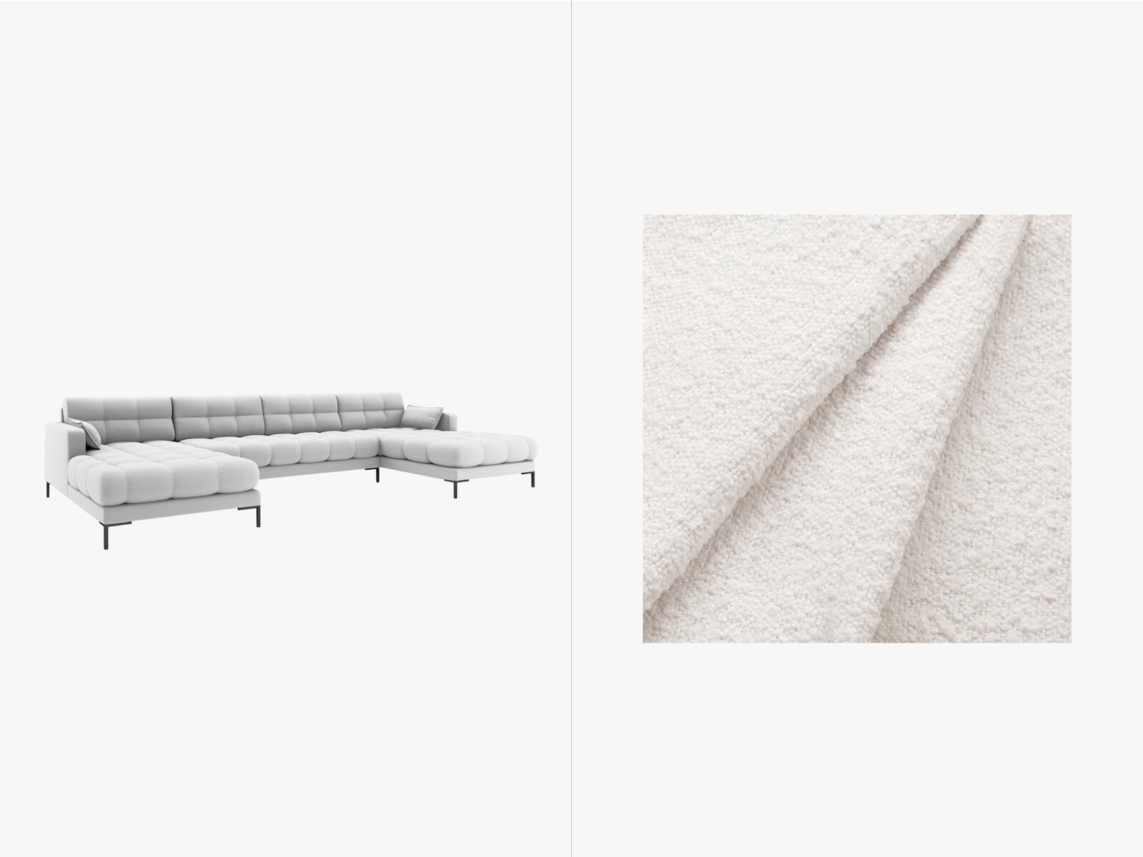 Micadoni Panorama-Sofa Mamaia 6-Sitzer Boucle Baloo Weiß schwarze Beine