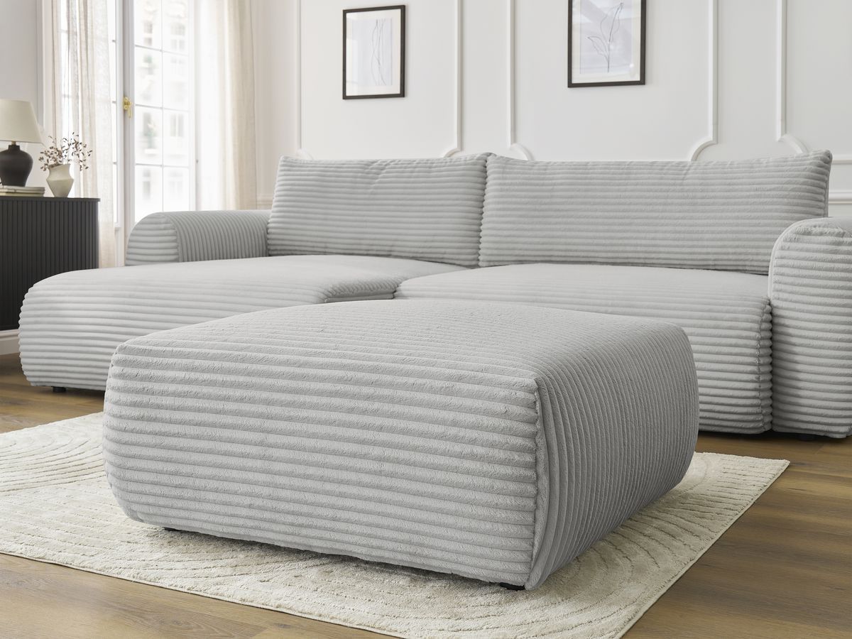 Bobochic Lucien Ecksofa mit Schlaffunktion und Bettkasten und Pouf 314 × 167 cm Breitcord weich Hellgrau Ecke links