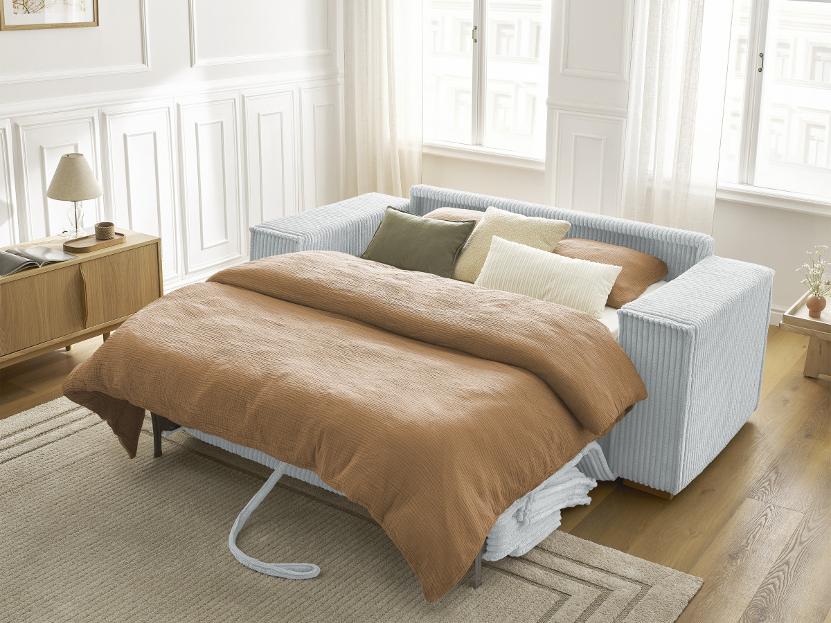 Bobochic Chelsea Schlafsofa 3-Sitzer Cordsamt Hellgrau, Liegefläche 160 × 200 cm
