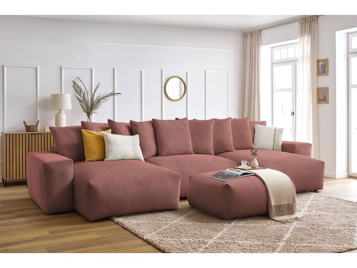 Bobochic Voltaire Wohnlandschaft mit Pouf 420 × 174 cm, Liegefläche 135 × 345 cm Cordsamt Rosa