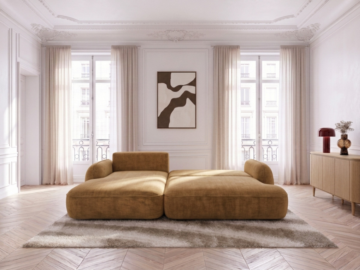 Bobochic Celeste Ecksofa mit Schlaffunktion und Bettkasten Stoff Gelb Ecke links