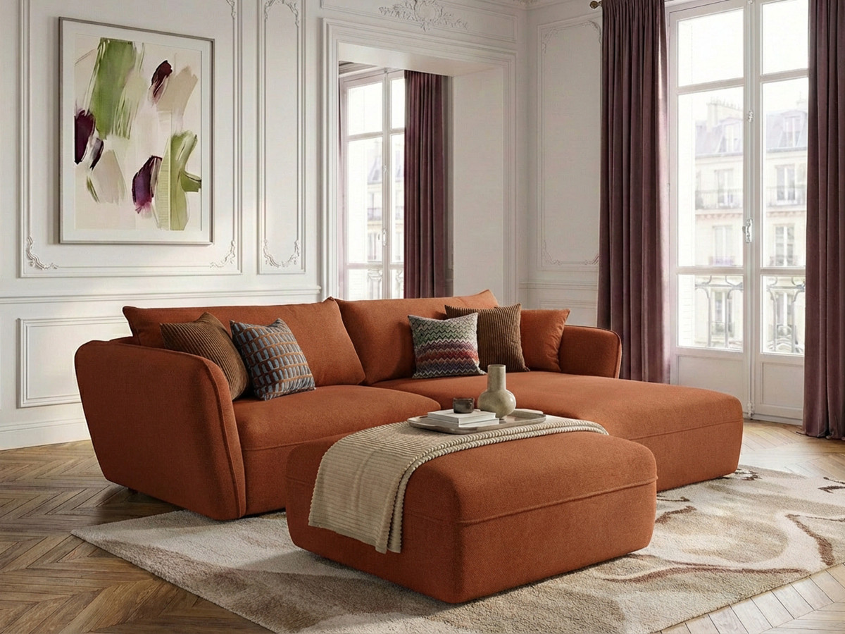 Bobochic Luigi Ecksofa mit Pouf Strukturstoff Orange Ecke rechts