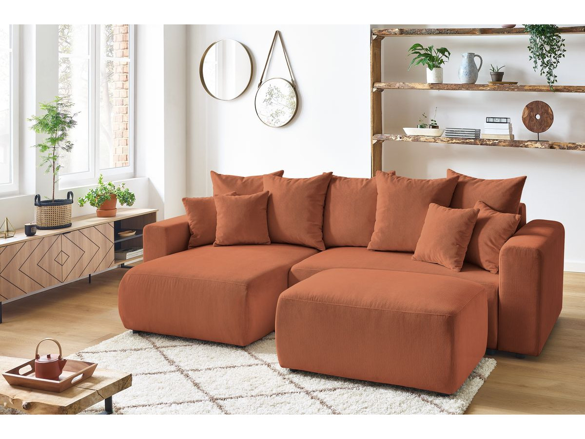Bobochic Envy Ecksofa mit Schlaffunktion und Bettkasten und Pouf Cordsamt Orange