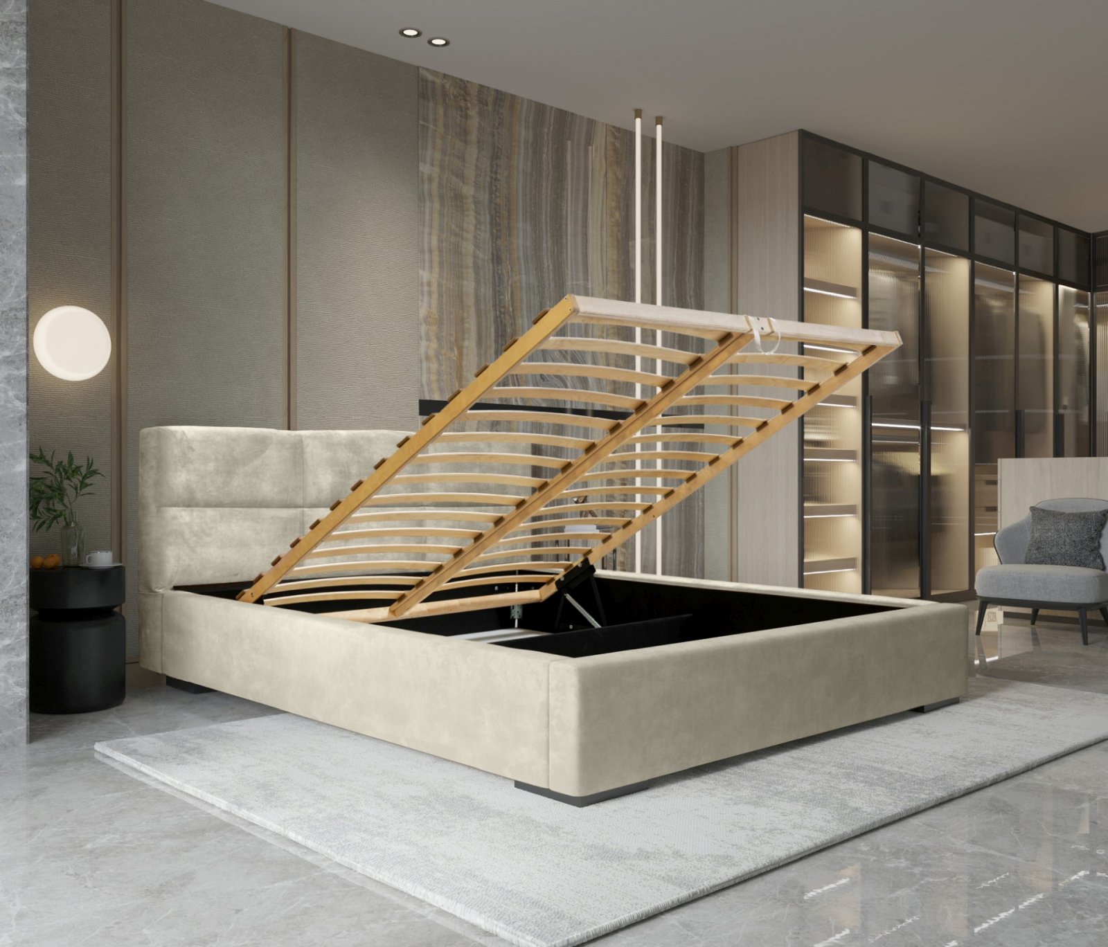 Polsterbett Portoza Samtstoff 160x200 mit Holzrahmen Macau Sand