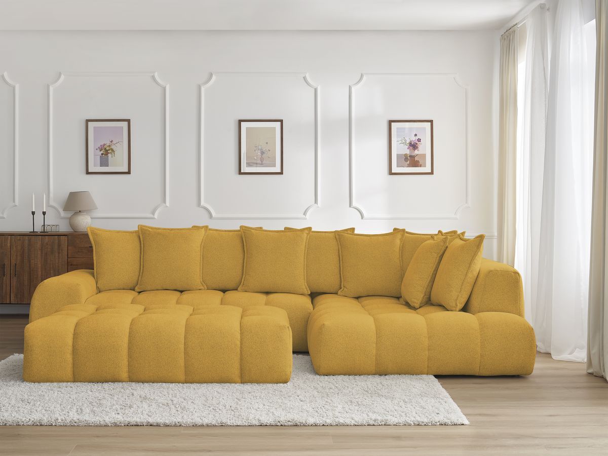 Bobochic Everest Ecksofa mit Schlaffunktion und Pouf, 10 Kissen Melange-Stoff Gelb Ecke rechts