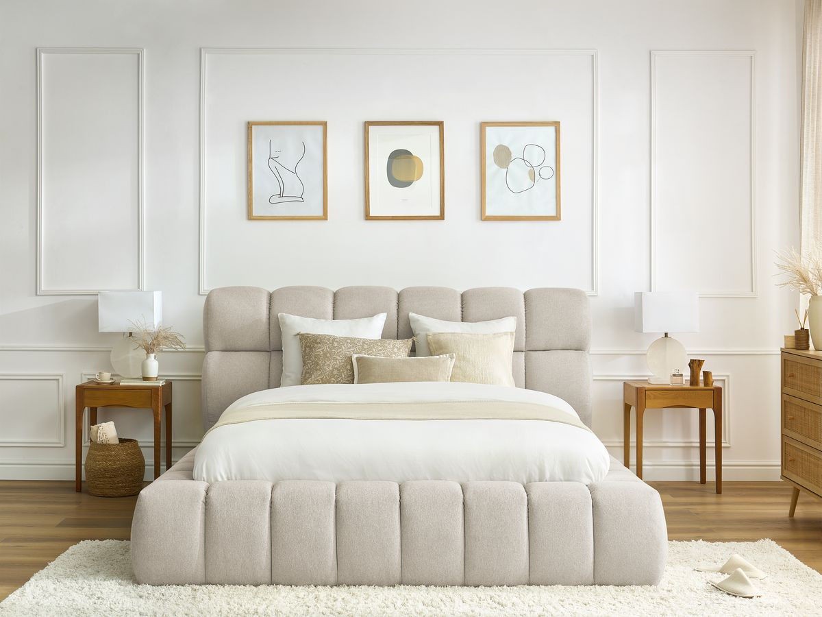 Bobochic Mont-blanc Polsterbett mit Bettkasten Stoff Beige, Liegefläche 140 × 190 cm