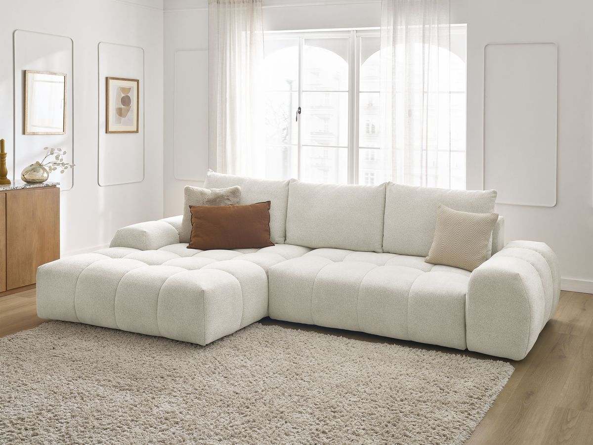 Bobochic Everest Ecksofa mit Schlaffunktion und Bettkasten 318 × 180 cm, 3 Kissen Melange-Stoff Weiß Ecke links