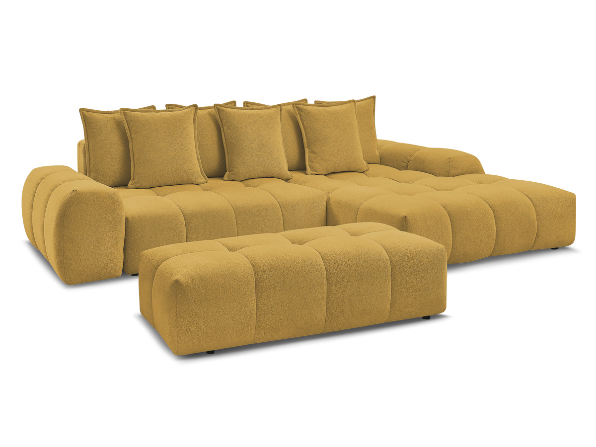 Bobochic Everest Ecksofa mit Schlaffunktion und Bettkasten und Pouf 318 × 180 cm, 7 Kissen Melange-Stoff Gelb Ecke rechts