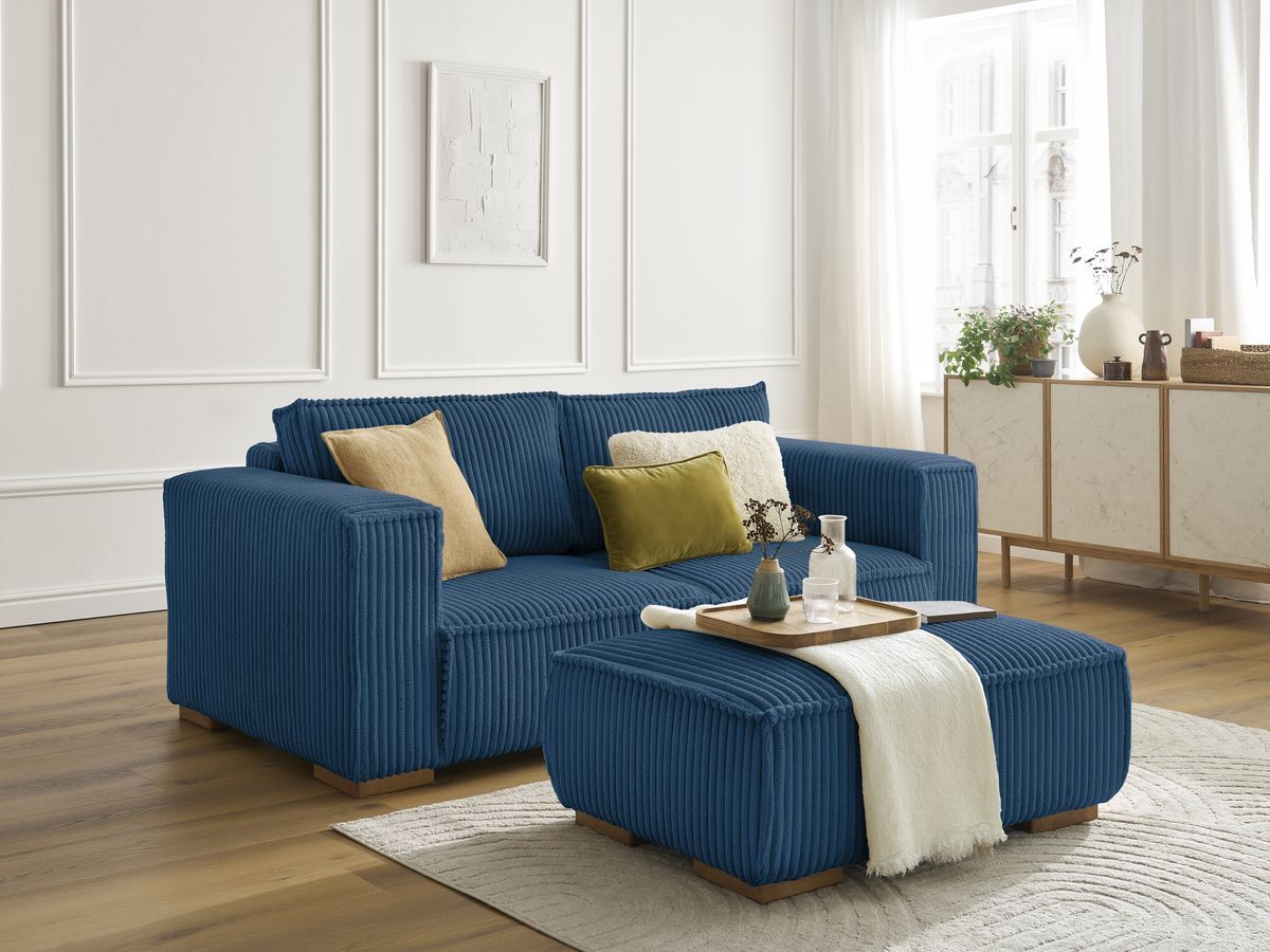 Bobochic Chelsea Sofa 3-Sitzer mit Pouf Breitcord weich Dunkelblau