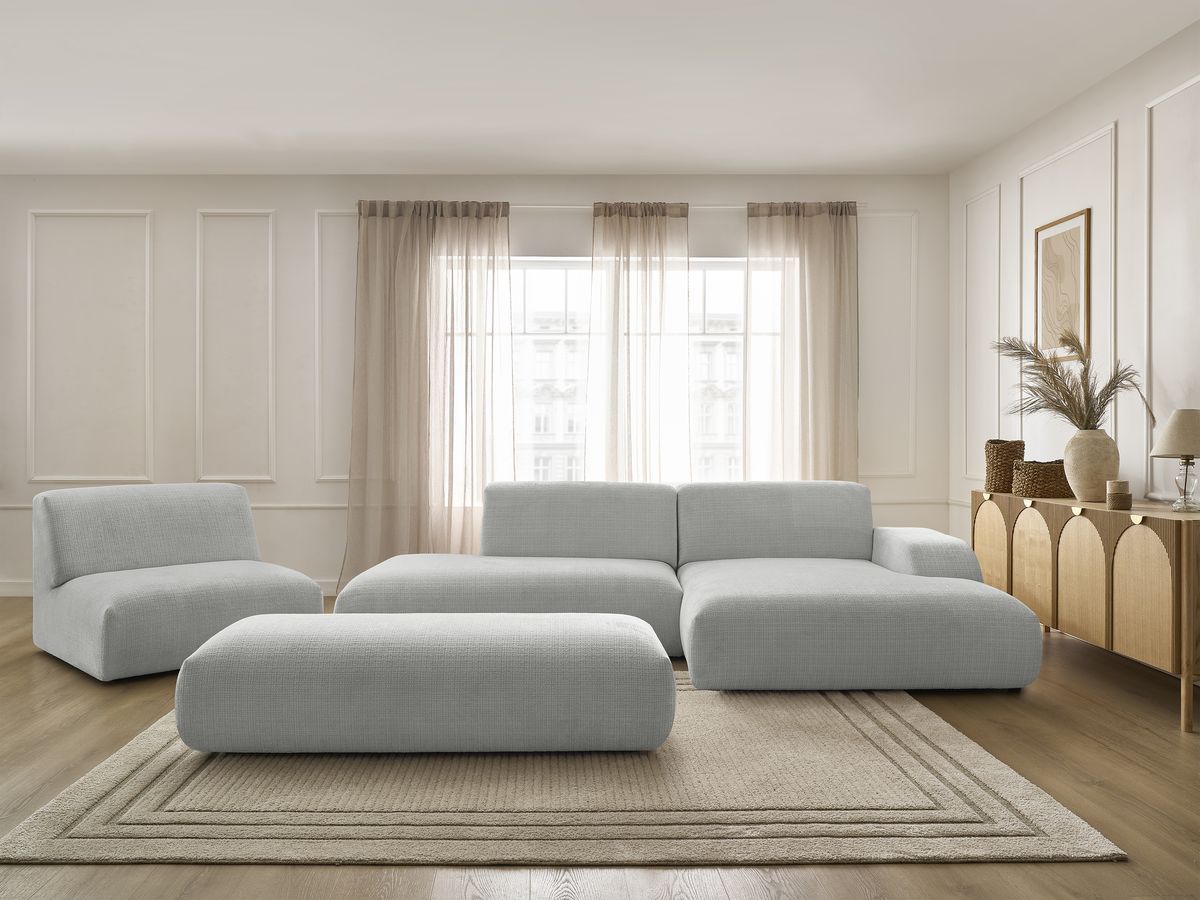 Bobochic Sirius Ecksofa mit Pouf 405 × 170 cm Strukturstoff Hellgrau Ecke rechts