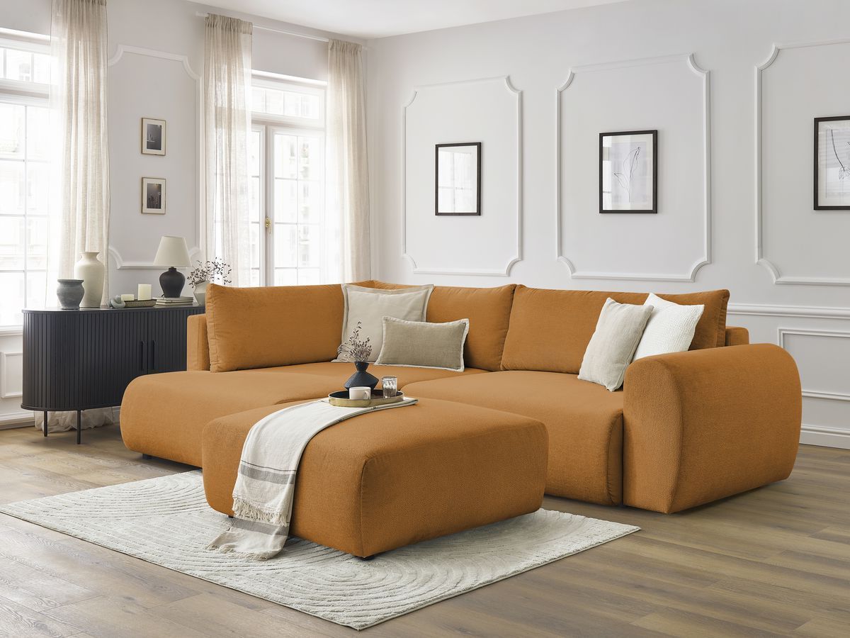 Bobochic Lucien Ecksofa mit Schlaffunktion und Bettkasten und Pouf 296 × 198 cm Stoff Gelb Ecke links