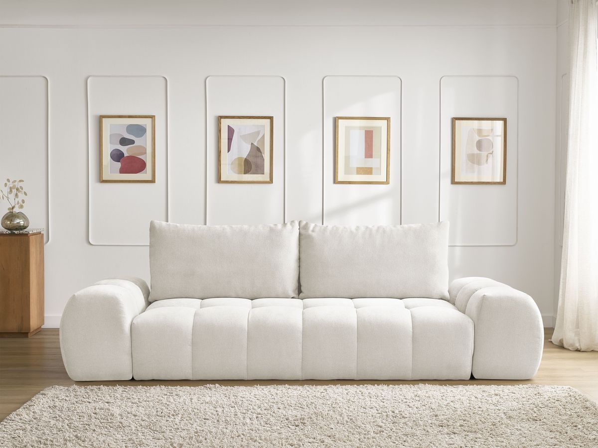 Bobochic Everest Schlafsofa 3-Sitzer mit Bettkasten, 2 Kissen Strukturstoff Weiß