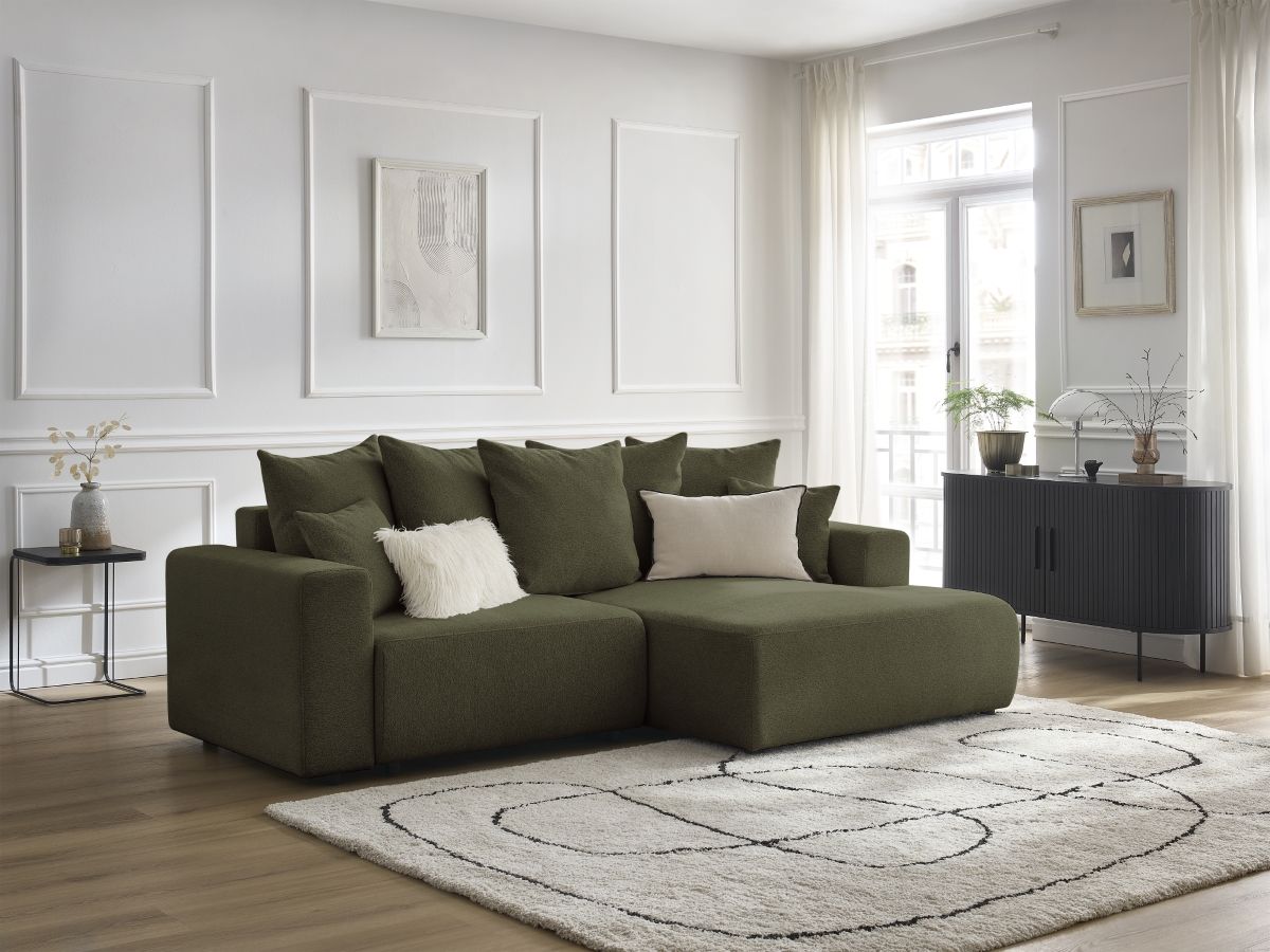 Bobochic Atilla Ecksofa mit Schlaffunktion und Bettkasten Melange-Stoff Grün Ecke rechts