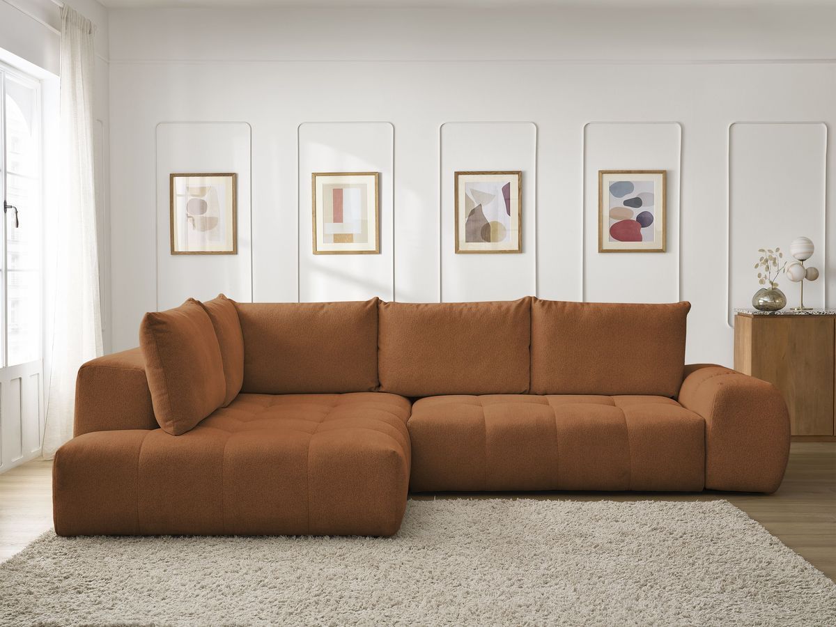 Bobochic Everest Ecksofa mit Schlaffunktion und Bettkasten 320 × 212 cm, 5 Kissen Melange-Stoff Orange Ecke links