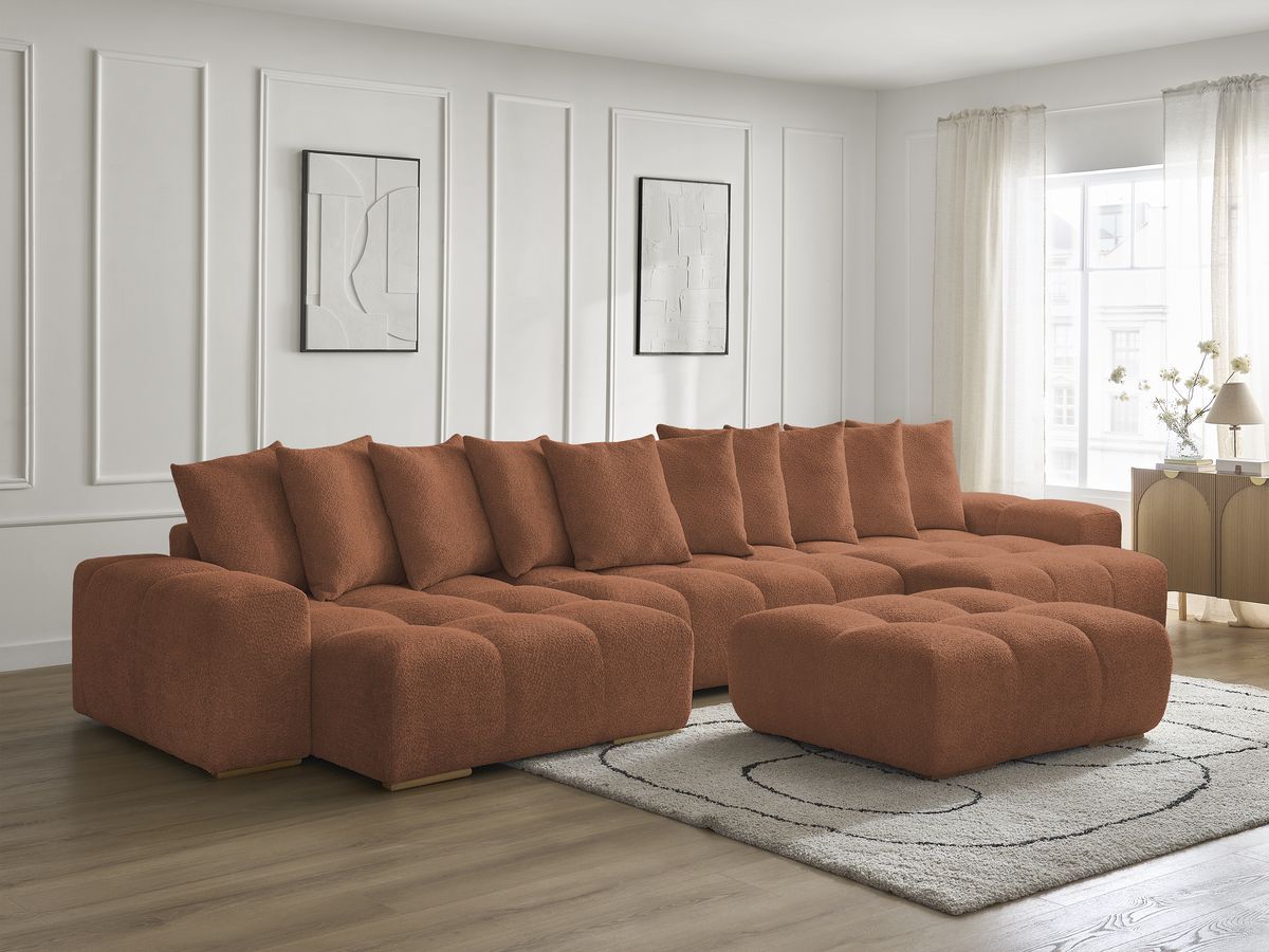 Bobochic Anakin Wohnlandschaft mit Pouf, Liegefläche 137 × 382 cm, 10 Kissen Bouclé-Stoff Orange