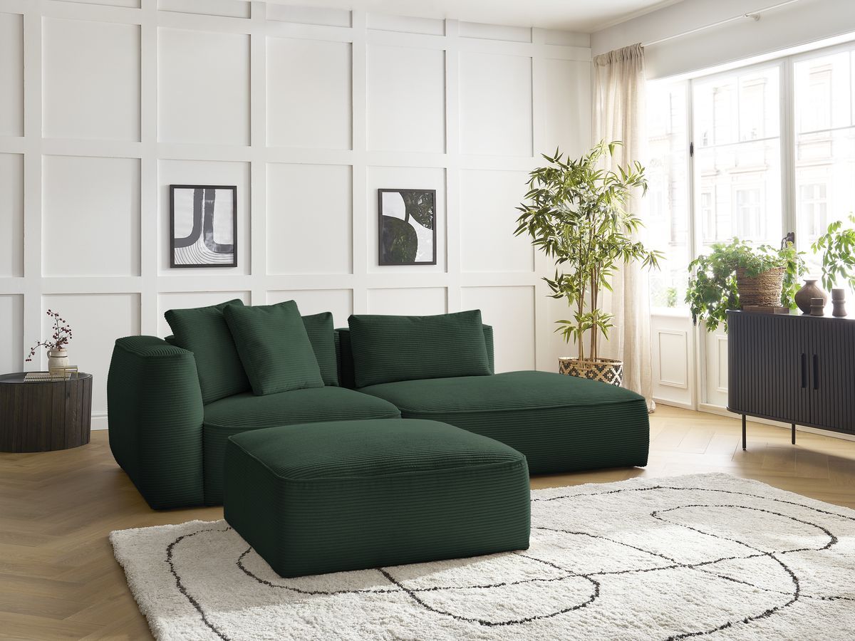 Bobochic Leopold Sofa 4-Sitzer mit Pouf Cordsamt Dunkelgrün Armlehne links