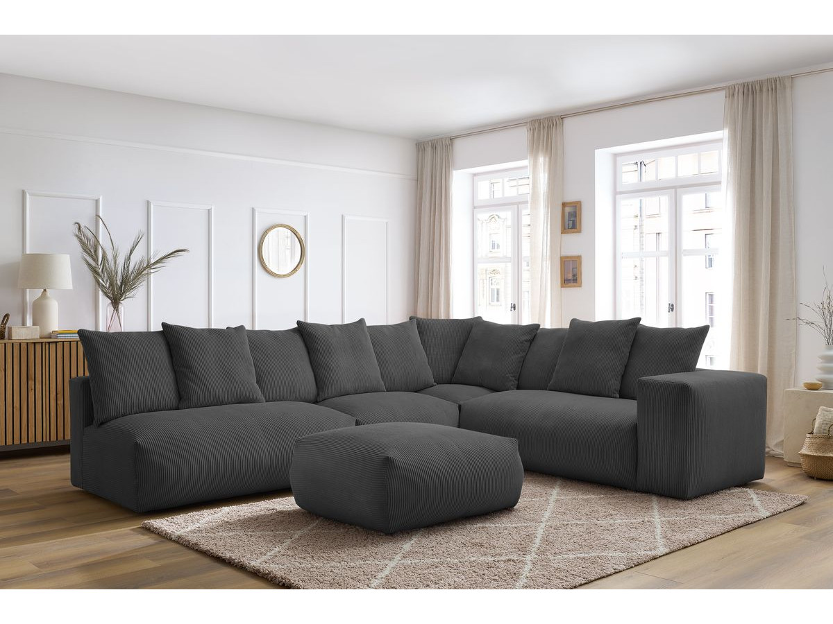 Bobochic Voltaire Ecksofa mit Pouf 322 × 268 cm Cordsamt Dunkelgrau Ecke rechts