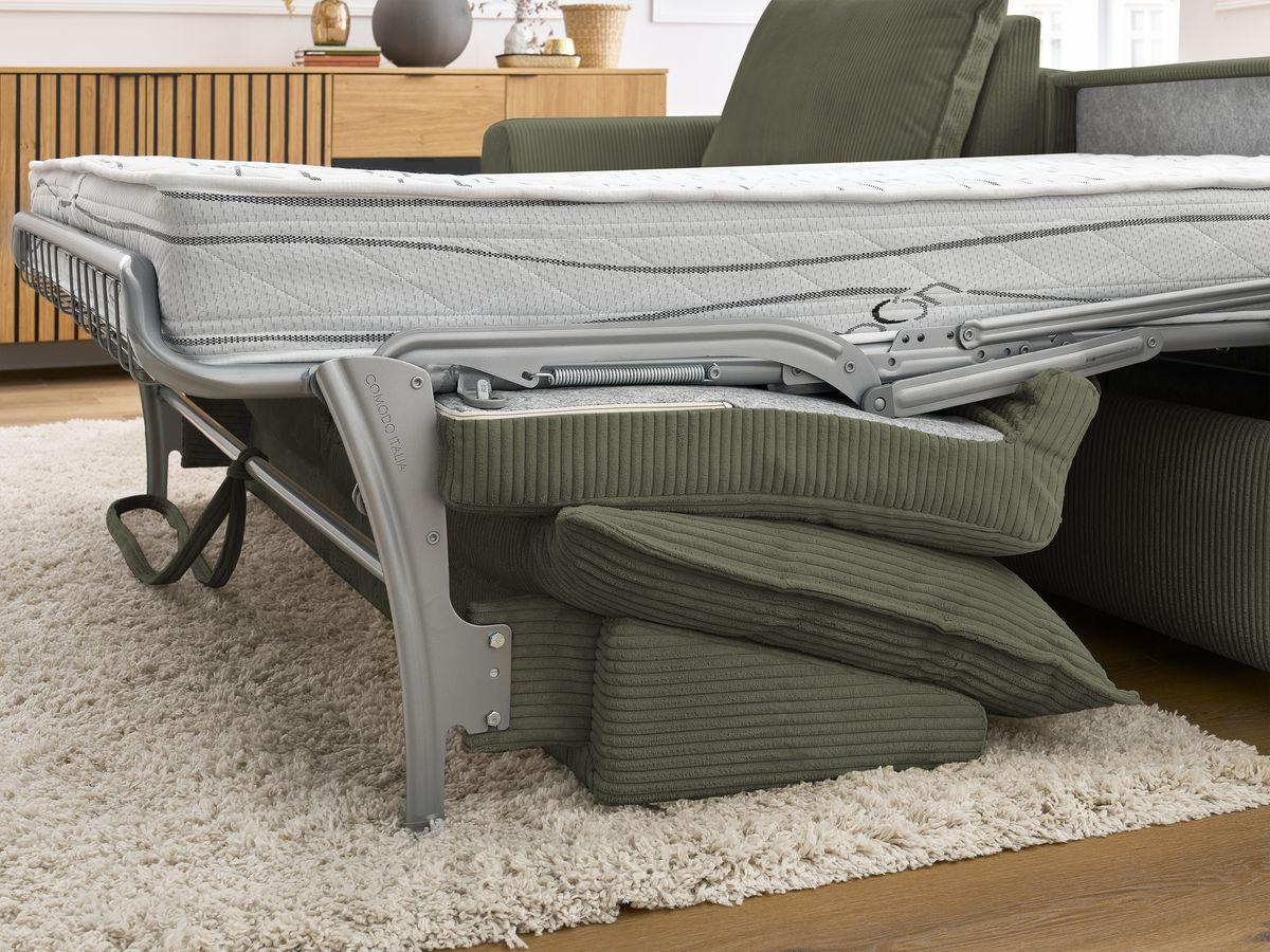 Bobochic Augustin Ecksofa mit Schlaffunktion und Bettkasten Cordsamt Hellgrün, Liegefläche 140 × 200 cm