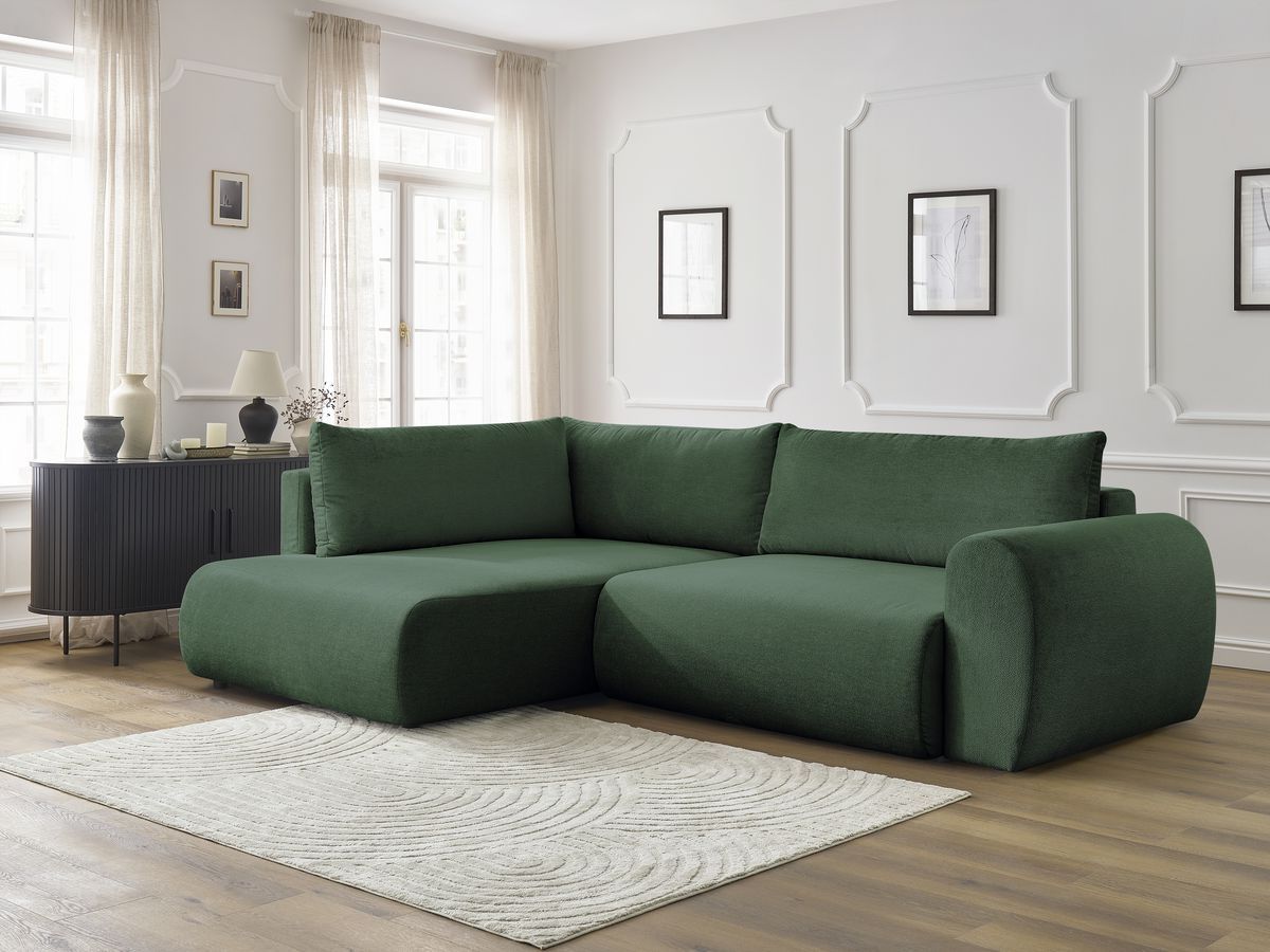 Bobochic Lucien Ecksofa mit Schlaffunktion und Bettkasten 296 × 198 cm Stoff Grün Ecke links