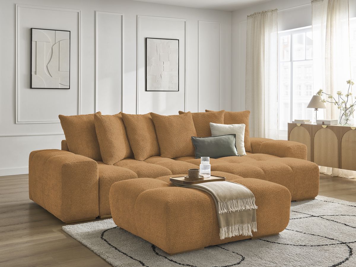 Bobochic Anakin Ecksofa mit Pouf, 6 Kissen Bouclé-Stoff Gelb